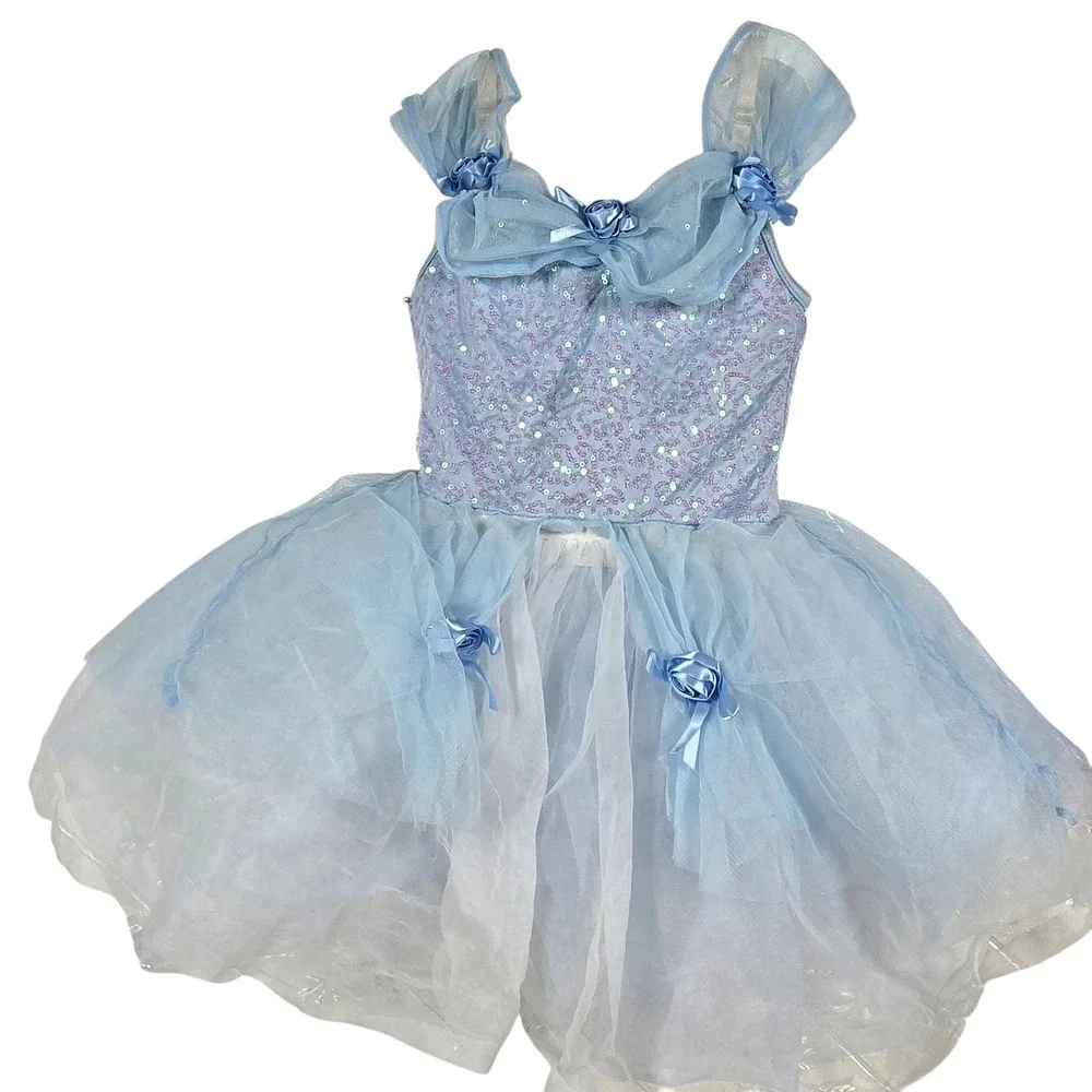 Girls Blue Sequin Tutu Ballet Dress Princess Costume with Butterfly Hair Bow